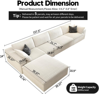 157.5" Cloud Couch Modular Sectional Sofa for Living Room,Modern Sofa with Deep Seat，L-Shape Boneless Couch with Ottoman,Comfy Upholstered Corduroy Couches for Apartment, Studio, Office,Bedroom，White