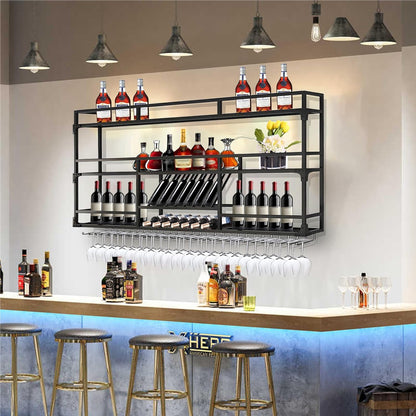 47.2in Wall Mounted Wine Rack, Wine Rack Wall Mounted With Wine Glass Rack, Metal Bar Bottle Display Shelf Wine Cups Hanging Holder, For Home Bar Cafe Dining Room Decoration (BLACK, 47.2*10*35.5inch)