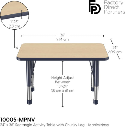 Factory Direct Partners FDP Rectangle Activity School and Classroom Kids Table (24 x 36 inch), Chunky Toddler Leg, Adjustable Height 15-24 inches - Maple Top and Navy Edge