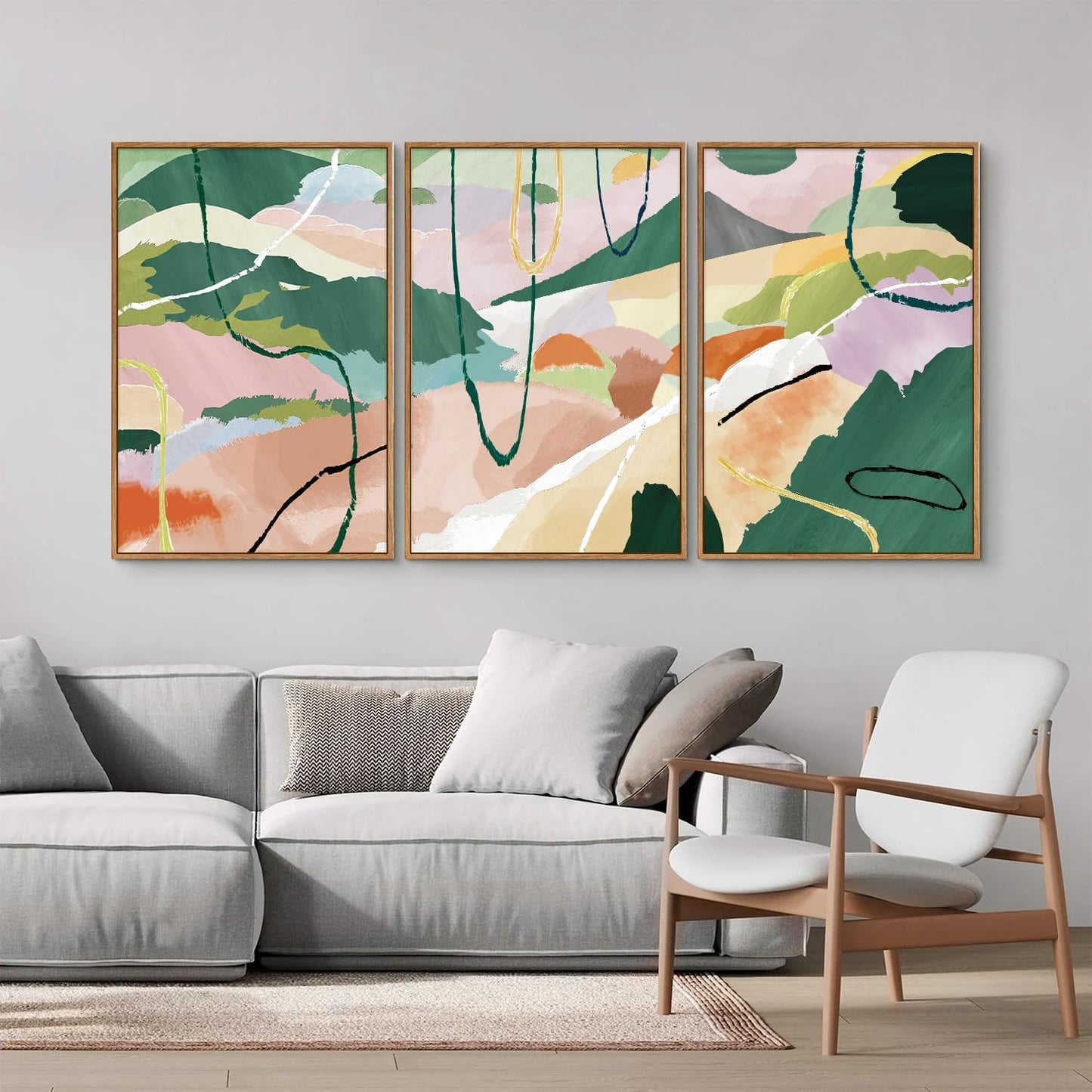Tinonedraw Colorful Abstract Framed Canvas Wall Art Set, 3 Panel Green Pink Girly Oils Inks Artwork, Three Pieces Neutral Modern Minimalist Wall Decor for Living Room Bedroom Office 24"x36"x3