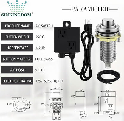 SinkTop Air Switch Kit (Long Full Brass Button) for Disposal, Dual Outlet, (Brushed Nickel)