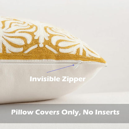 HWY 50 Mustard Yellow Decorative Lumbar Pillow Cover Rectangle 12x20 Inch (1 Piece), Embroidered Cotton Farmhouse Cushion Cover Pillow Case for Sofa Couch Living Room Bed, Minimalist Floral