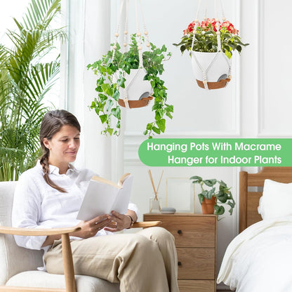 Hanging Planters for Indoor Outdoor Plants, 2 Pack Self Watering Hanging Pot with Drainage Holes, Removable Tray & 2 Kinds of Plant Hangers, 8'' Hanging Flower Pots for Home Garden Decor, White