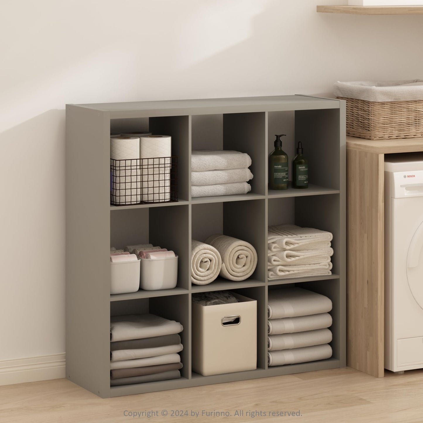 Furinno Simple 9-Cube Storage Organizer, Display Shelf, Light Grey