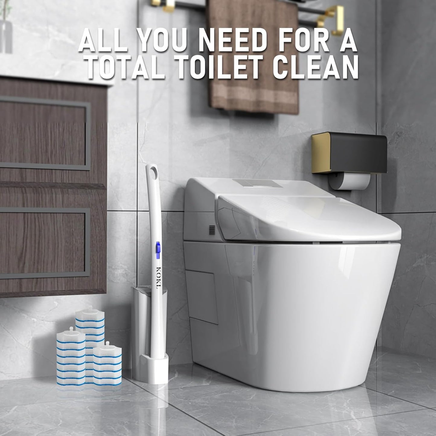 KOKL Disposable Toilet Brush, Toilet Bowl Cleaner Brush with 50PCS Toilet Brush Refills, Toilet Cleaner Refill Pads, Disposable Toilet Bowl Brush and Storage Caddy for Bathroom Cleaning(1-Set)