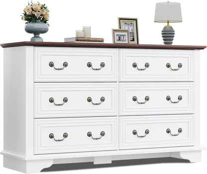 WLIVE Farmhouse Dresser for Bedroom, 51.97'' Wide Wood White Dresser with 6 Drawer, Chest of Drawers with Roman Metal Handle, TV Stand for 60 inch TV, for Living Room, Hallway