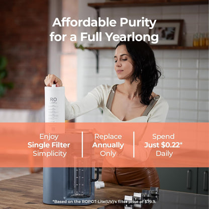 Bluevua RO100ROPOT-Lite(UV) Countertop Reverse Osmosis Water Filter System, 7-Stage Purification with UV and Remineralization, 3:1 Pure to Drain, Portable Water Purifier (Blue)