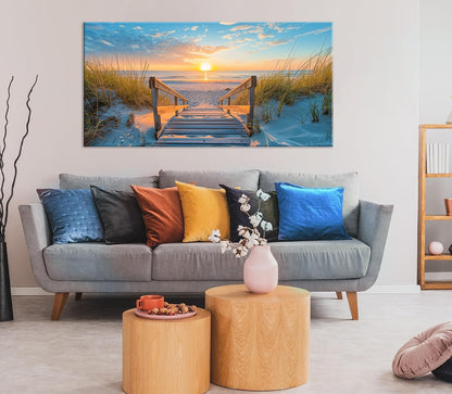 LASMOND Beautiful White Sandy Beach Pier by Seaside at Sunset Landscape Wall Art Decor Artwork for Bedroom Living Room (58x28Inches)