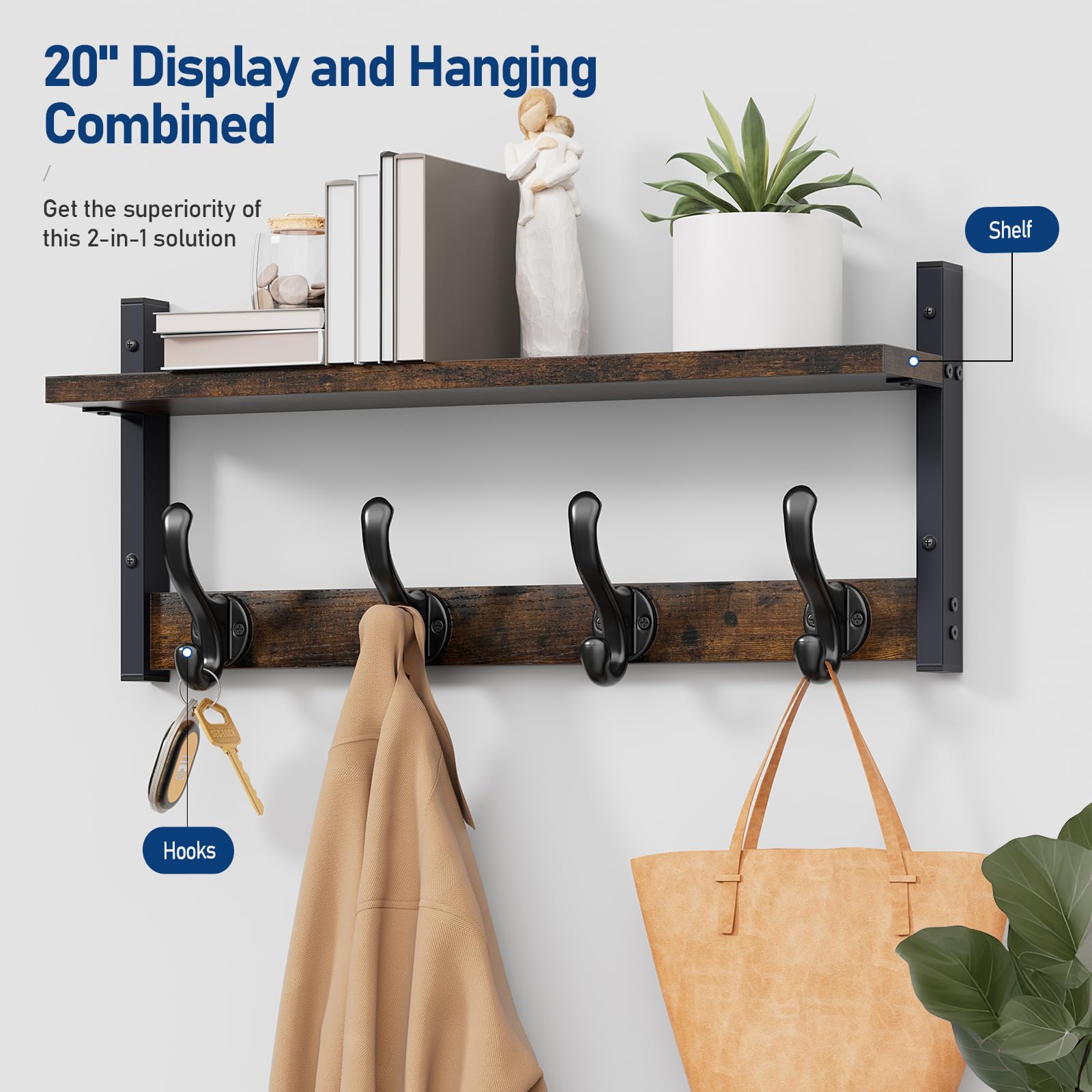 Tatub 20" Rustic Coat Rack Wall Mount with Shelf, Wall Hooks with Shelf, Heavy Duty Entryway