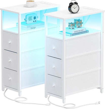 TUTOTAK Narrow LED Night Stand with Charging Station, Slim End Table with Plugins, Tall Side Table with 3 Fabric Drawer, Small Bedside Table with Storage, Set of 2, for Living Room, White TB01BW073L