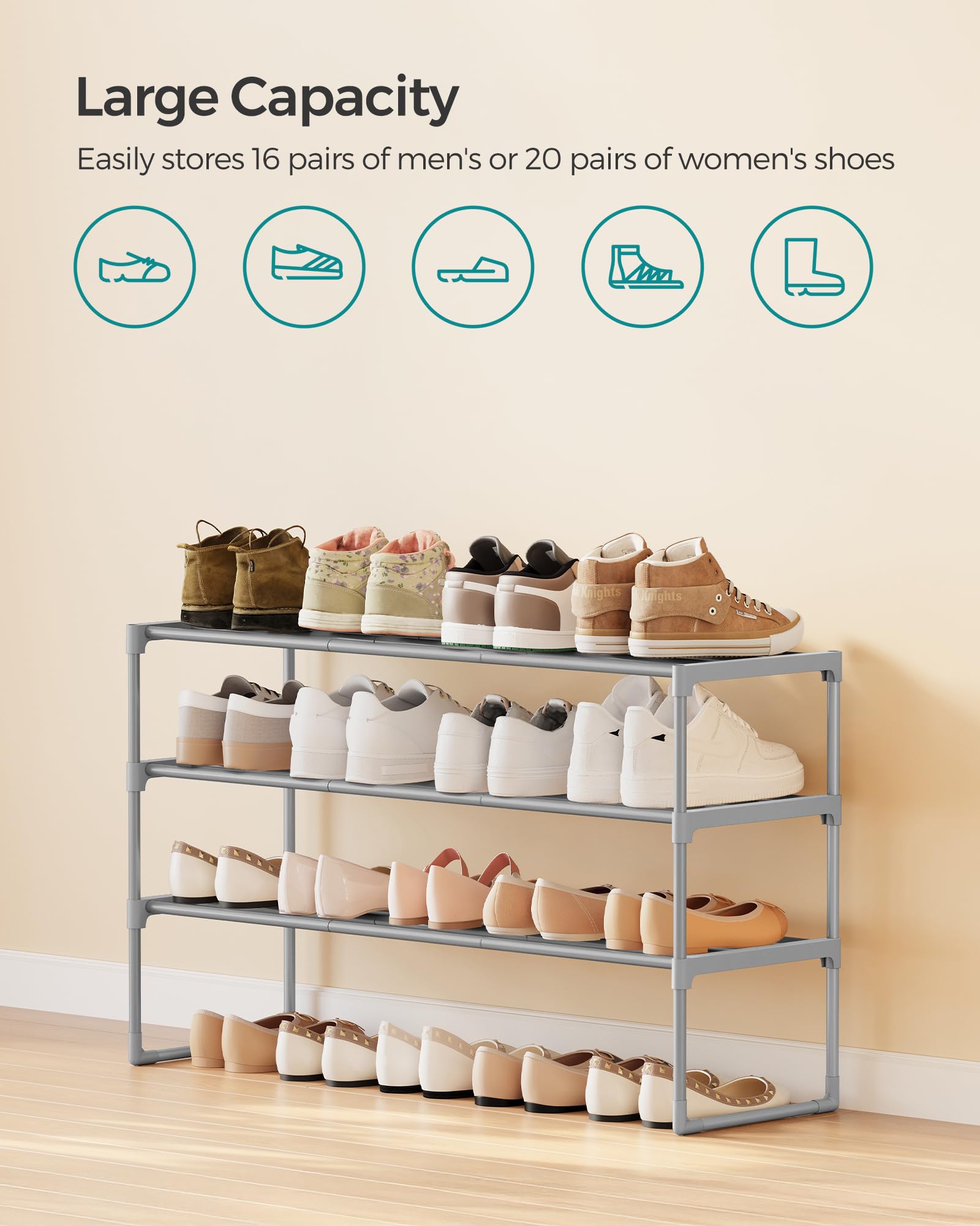 SONGMICS Shoe Rack, 3-Tier Shoe Organizer, Metal Storage Shelf, Upright or Upside Down, for 16-20