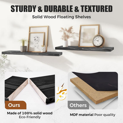 Floating Wall Shelves 4-Pack - Rustic Black 16-inch Wooden Wall Shelves for Storage and Décor, Multi-Functional and Easy to Install for Living Room, Bedroom, and Kitchen