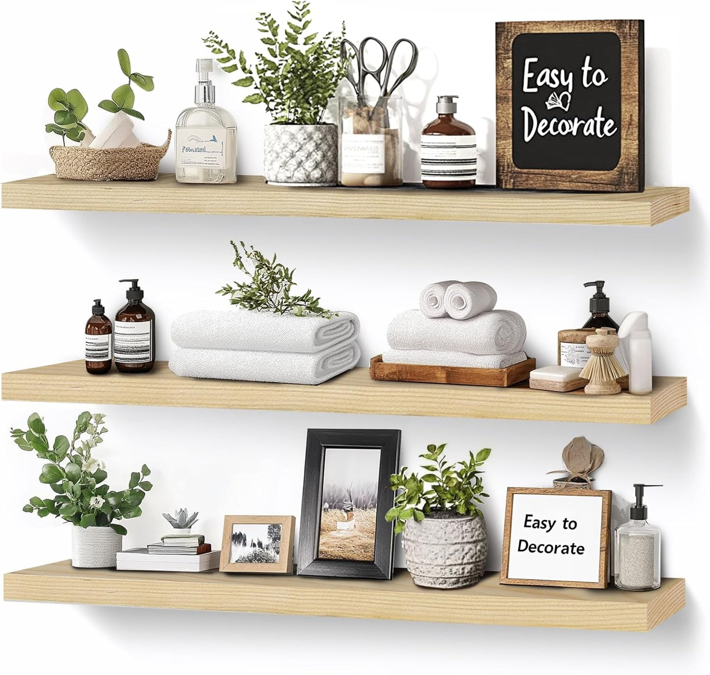 Floating Wall Shelves 3-Pack - 24-Inch Rustic Wooden Shelves for Storage and Décor, Easy Installation for Living Room, Bedroom, and Kitchen