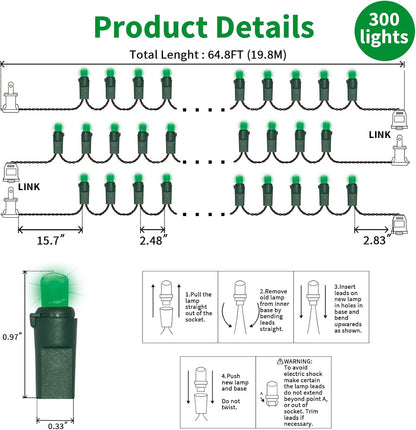 Green Wide Angle LED Christmas Lights, 64.8 Ft 300 Count, Pack of 3 Strands 21.9 Ft 100 Lights UL Certified Commercial Grade Green Wire 5mm Holiday String Light