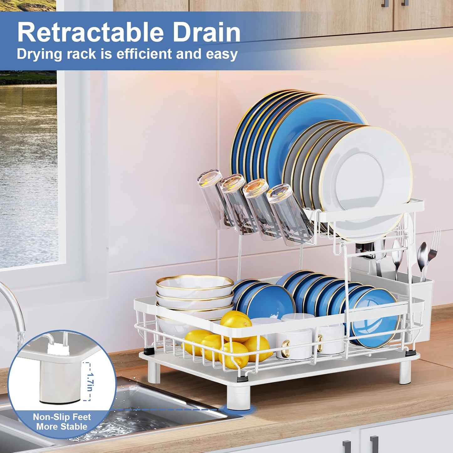 MOUKABAL Dish Drying Rack, 2 Tier Dish Rack, Large Dish Racks for Kitchen Counter, Dish Drainer with Removable Utensil Holder, Drainboard (White)