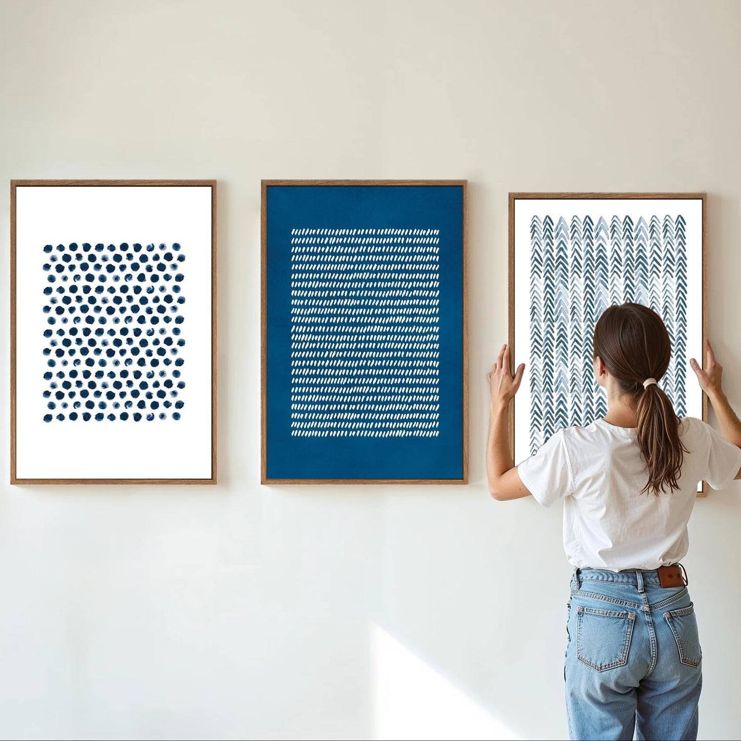 Tinonedraw Navy Blue and White Framed Canvas Wall Art Set, Minimalist Geometric Wall Decor, Neutral Abstract Artwork, Cozy Contemporary Art Prints for Bedroom Living Room Office Above Bed 24"x36"x3