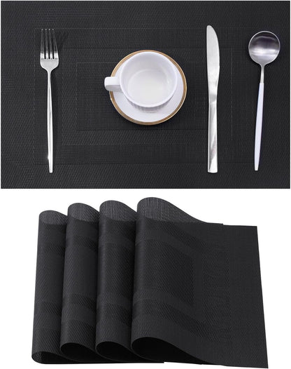 Leetaltree Black Frame Placemats Set of 4 - Heat Resistant Non-Slip Place mats for Dining Table, Washable Durable PVC Vinyl Woven Table Mats（Black Frame, 4）