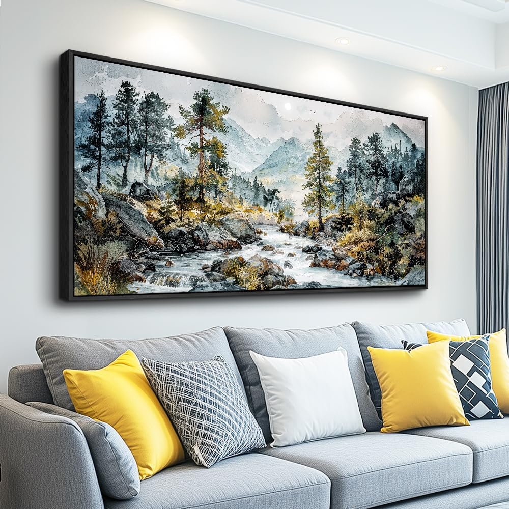 PHAOHUAXM Large Wall Art For Bedroom Wall Decor For Living Room Office Decoration Rivulet View Painting Forest Tree Landscape Watercolour Pictures Canvas Artworks Home Decor Black Framed 24x48 In
