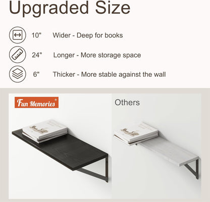 Deep Black Floating Shelves for Wall, 24"W x 10"D Wall Shelves Set of 2, 10 Inch Deep Floating Shelf with Brackets, Wide Display & Storage Shelves for Books, Living Room, Kitchen, Bathroom