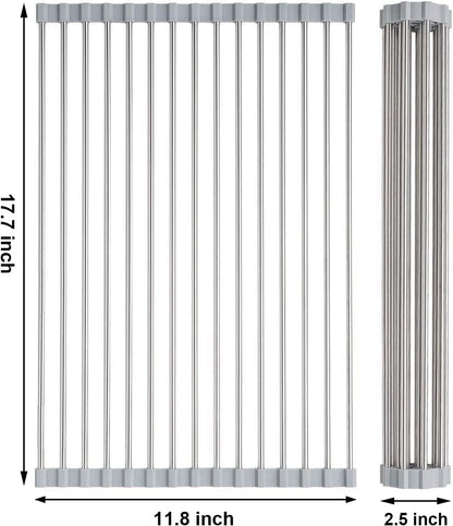 Searik Over The Sink Dish Drying Rack, Roll up Sink Dish Drainer Rack Foldable Kitchen Stainless Steel Dish Rack Sink Drying Rack (17.7"x 11.8")