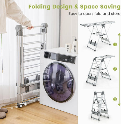 Giantex Clothes Drying Rack, 2-Layer Aluminum Foldable Laundry Drying Rack with 5-Level Adjustable Height, 21 Drying Rails, 10 Side Clips, 4 Shoe Holders, Space Saving Collapsible Laundry Drying Rack
