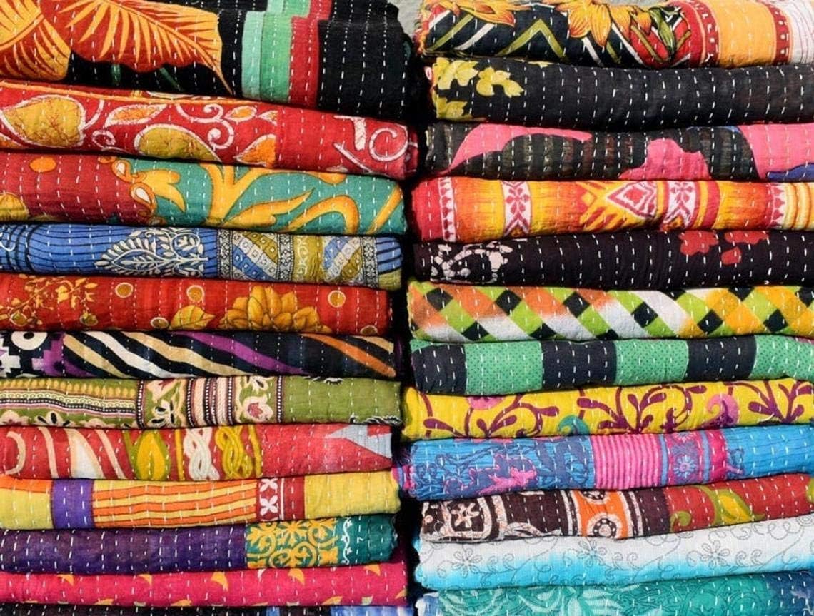 Wholesale Mix lot Tribal Kantha Quilts Reversible Vintage Cotton Bedspread Sari Throw Old Assorted Patches Bed Cover Rally (5)