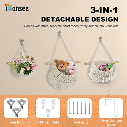 Hanging Baskets for Organizing, 3 Tier Detachable Wall Hanging Fruit Basket Over the Door Organizer for Fruit Vegetable Plant, Beige Boho Cotton Crocheted Fruit Holder for Kitchen Bathroom Bedroom