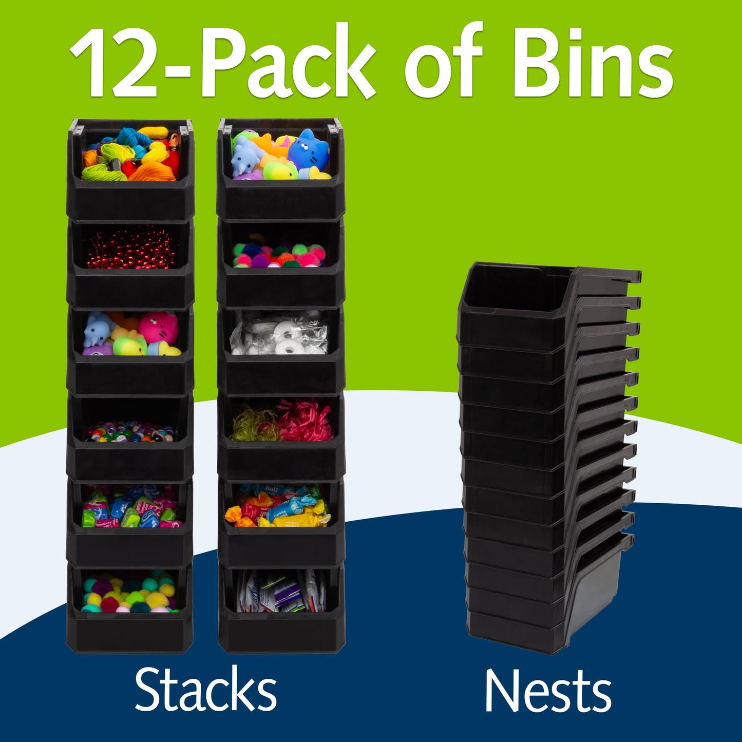 ReadySpace Small Stackable Plastic Storage Bins, 12-Pack, Black