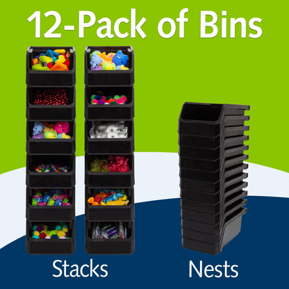 ReadySpace Small Stackable Plastic Storage Bins, 12-Pack, Black