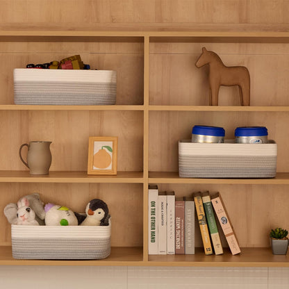 Large Shallow Organizing Baskets 15x11x5.1 Inches - Rope Woven Storage Bins for Bathroom, Shelves, Cube Closet, Gradient Grey 2 Packs