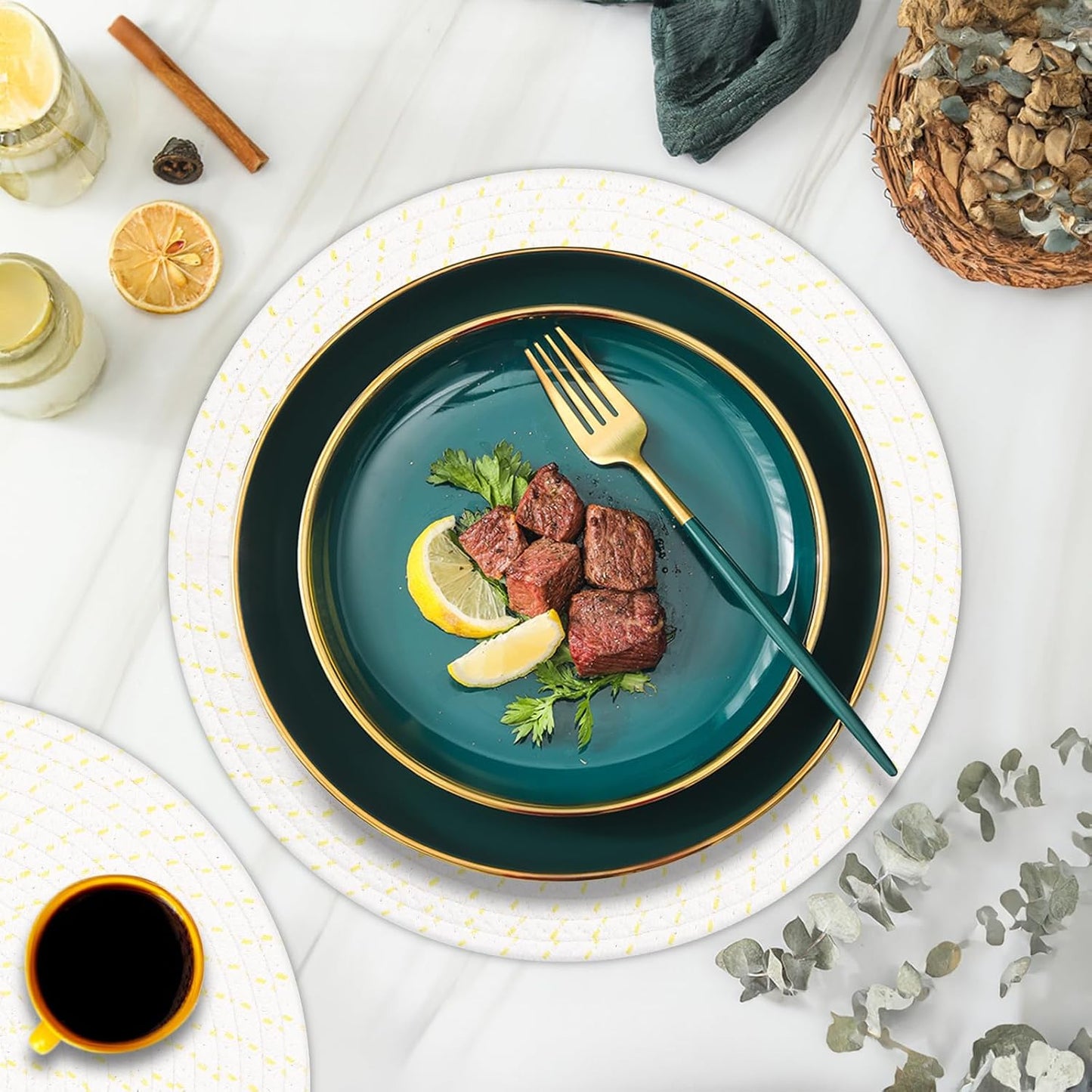 Round Placemats Set of 6, Cotton Rope Woven Table Mats, Hot Pads for Kitchen, Non Slip Heat Resistant Place Mats, 13 Inches Braided Placemat for Farmhouse Decor and Kitchen Table Decor (Beige Line)