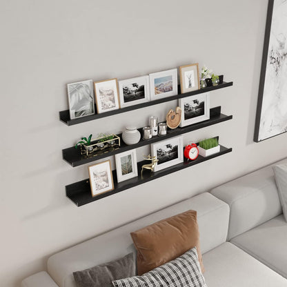 Giftgarden 47 Inch Black Floating Shelves Ledge, Wall Mount Long Picture Rail Large Woodgrain Photo Shelving for Living Room Bedroom Office, Set of 3 Different Sizes