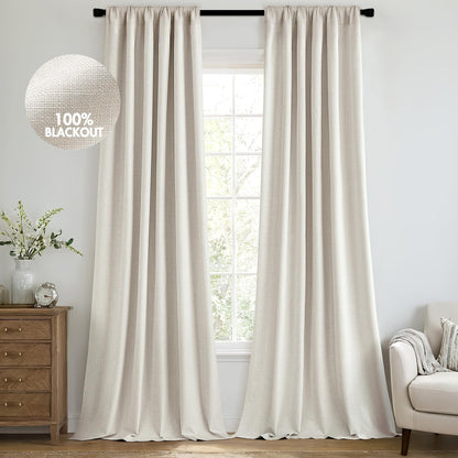 MIULEE 100% Blackout Curtains 92 Inch Long 2 Panels Set for Bedroom, Thick Luxury Faux Linen Black Out Curtain Room Darkening Back Tab Pleat Window Textured Drapes with Hooks for Living Room, Birch