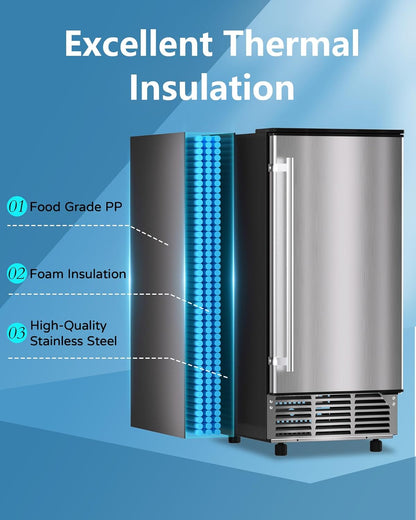 Commercial Ice Maker Machine Reversible Door 120LBS/Day, Undercounter Ice Makers 30LBS Storage Bin and 40 Ice Cubes, Icemaker Machine Brushed Metal with Water Line, Ice Scoop