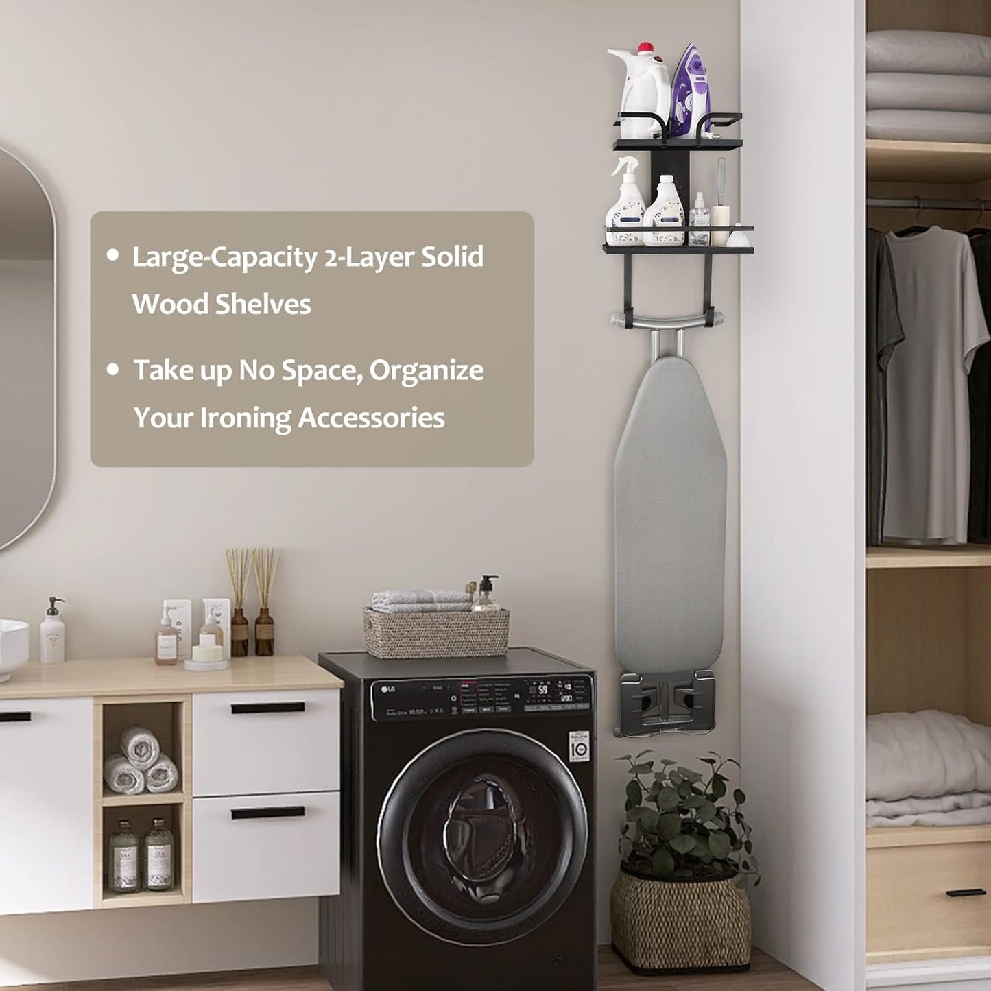 VINAEMO Ironing Board Hanger Wall Mount, 2-Layer Iron and Ironing Board Holder, Laundry Room Shelves Solid Wood with Removable Hooks Home Organization and Storage