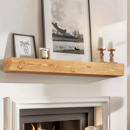 48x8x5 Fireplace Mantel - Handcrafted Rustic Solid Wood Wall Mounted Floating Shelf with Invisible Heavy Duty Wood Bracket (Natural)
