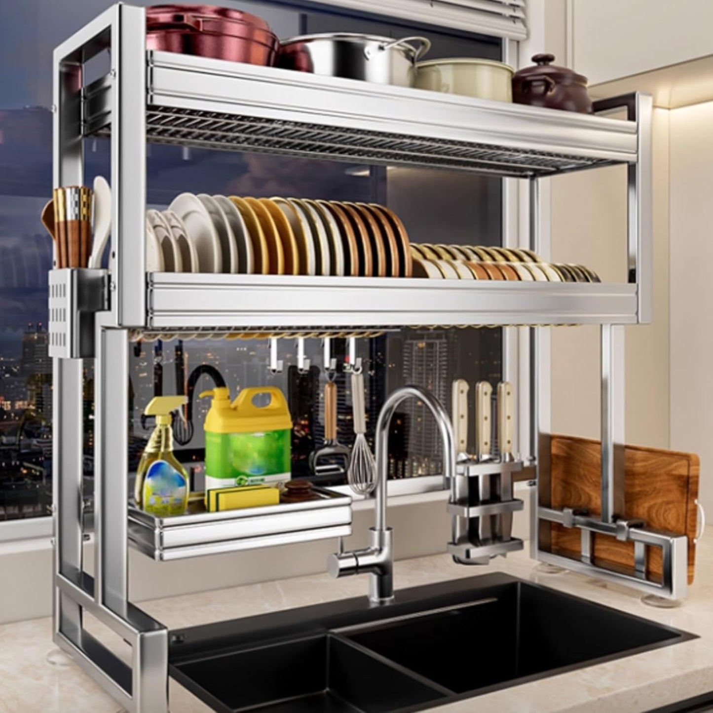 Kitchen Sink Rack Sink Above The Dish Drain Dish Washing Rack Stainless Steel Multifunctional Dish Storage Rack,Over The Sink Drying Rack for Dishes(2,55cm/21.7in)