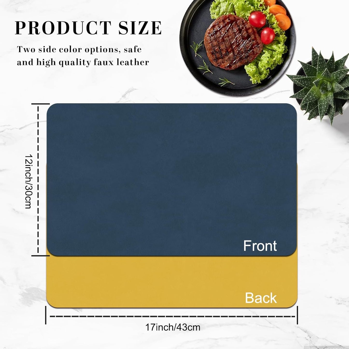 BLESWIN Faux Leather Placemats, PU Dining Table, Waterproof and Oil Resistant Easy to Clean, Heat Resistant Reversible Use Table Mats for Kitchen, Dining Table,Outdoor – 12 × 17 Inch, Dark Blue&Yellow