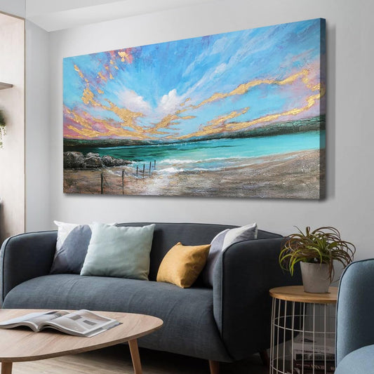 Arjun Ocean Teal Wall Art Canvas Coastal Beach Painting Blue Turquoise Landscape Sunset Picture, Panoramic Gold Foil Textured Large Artwork Framed for Living Room Bedroom Bathroom Wall Decor 40"x20"