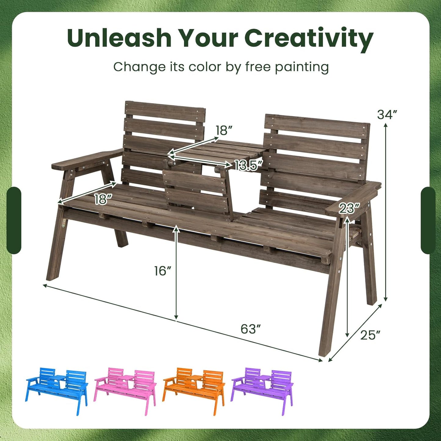 Tangkula Outdoor Fir Wood Bench with Foldable Middle Table, 2-3 Person Garden Bench with Backrest and Armrests, 710 lbs Weight Capacity, Slatted Seat Bench for Porch, Patio, Backyard