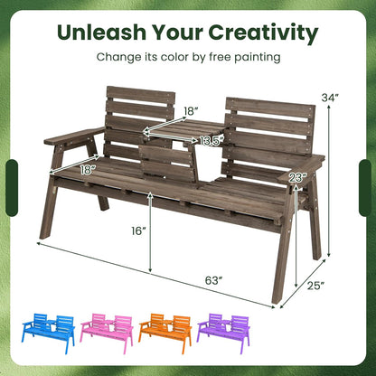 Tangkula Outdoor Fir Wood Bench with Foldable Middle Table, 2-3 Person Garden Bench with Backrest and Armrests, 710 lbs Weight Capacity, Slatted Seat Bench for Porch, Patio, Backyard