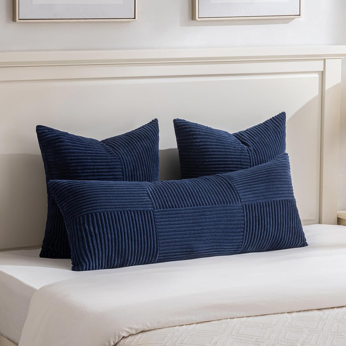 Fancy Homi 2 Packs Navy Blue Big Decorative Throw Pillow Covers 24x24 Inch for Living Room Couch Bed Sofa, Rustic Farmhouse Boho Home Decor, Soft Corss Corduroy Patchwork Accent Cushion Case 60x60 cm