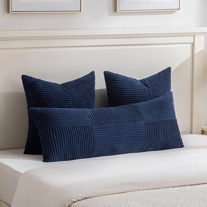 Fancy Homi 2 Packs Navy Blue Big Decorative Throw Pillow Covers 24x24 Inch for Living Room Couch Bed Sofa, Rustic Farmhouse Boho Home Decor, Soft Corss Corduroy Patchwork Accent Cushion Case 60x60 cm
