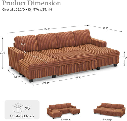 Belffin Modular Sectional Sleeper Sofa with Pull Out Couch Bed Corduroy Double Chaise with Storage Brick Red Couch