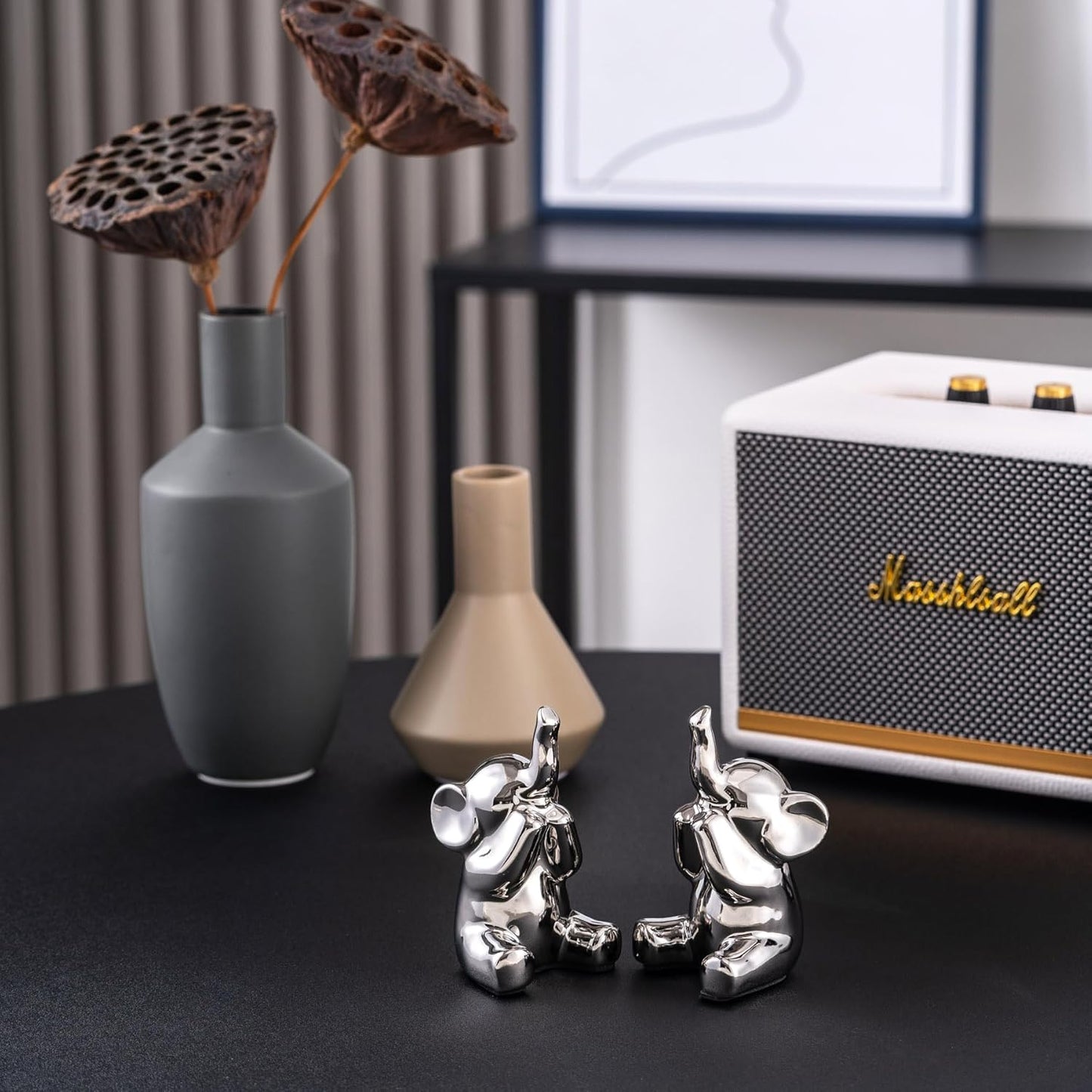 Loving Pair of Small Silver Elephant Statues Silver Home Decor Modern Boho Style Figurine Decorative Ornaments for Living Room, Bedroom, Office Desktop, Cabinets, Shelf