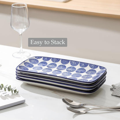 Selamica Ceramic Rectangular Serving Platters Set of 4, 12 Inch Serving Trays/Dishes for Party Entertaining, Rectangular Dinner Plates for Appetizer Salad Dessert Sushi, Vintage Blue