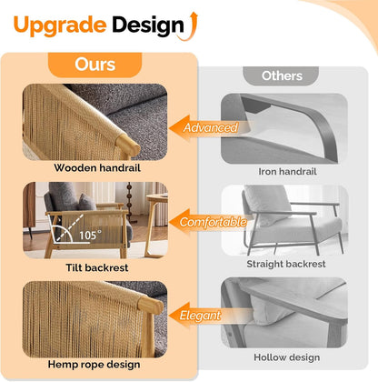 VINGLI Boho Braid Accent Armchairs Set of 2,Mid-Century Modern Chiars with Solid Wooden Armrest,Comfy Louge Cushion Chairs with Waist Pillow for Bedroom,Living Room,Reading Room, Gray