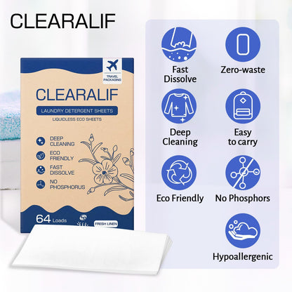 CLEARALIF Laundry Detergent Sheets, Fresh Linen, 64 Load, CLEARALIF Laundry Detergent Strips Eco Friendly & Hypoallergenic