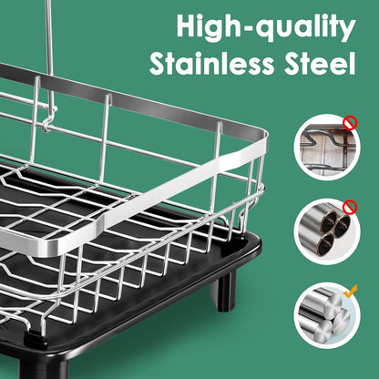 MOUKABAL Dish Drying Rack - 2 Tier Stainless Steel Dish Rack, Dish Racks for Kitchen Counter, Drying Rack Kitchen with Removable Utensil Holder and Drainboard (Black)