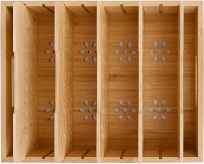 Natural Bamboo Storage Tray with 5 Custom Dividers, Deep Drawer Organizer for Kitchen, Small Cabinets, Home Office & Living Room